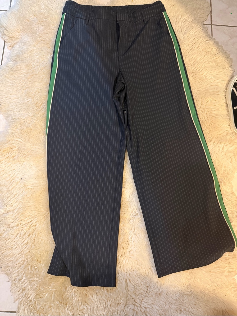 Zara Black Pinstripe Elastic-Waist Wide Pants with Subtle White Stripes